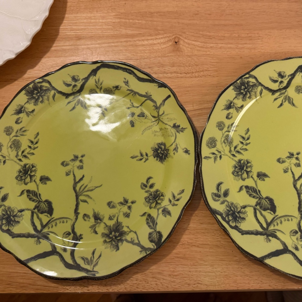 Anthropologie Lime Green Floral Scalloped Dinner Plates - Set of 2